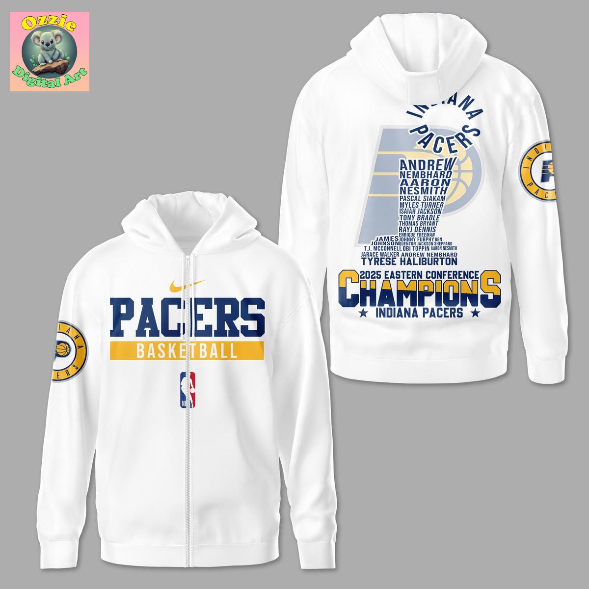 Indiana Pacers NBA 2025 Eastern Conference Champions White Hoodie T Shirt Indiana Pacers NBA 2025 Eastern Conference Champions White Hoodie T Shirt