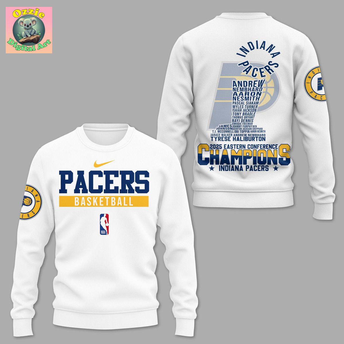 Indiana Pacers NBA 2025 Eastern Conference Champions White Hoodie T Shirt Indiana Pacers NBA 2025 Eastern Conference Champions White Hoodie T Shirt