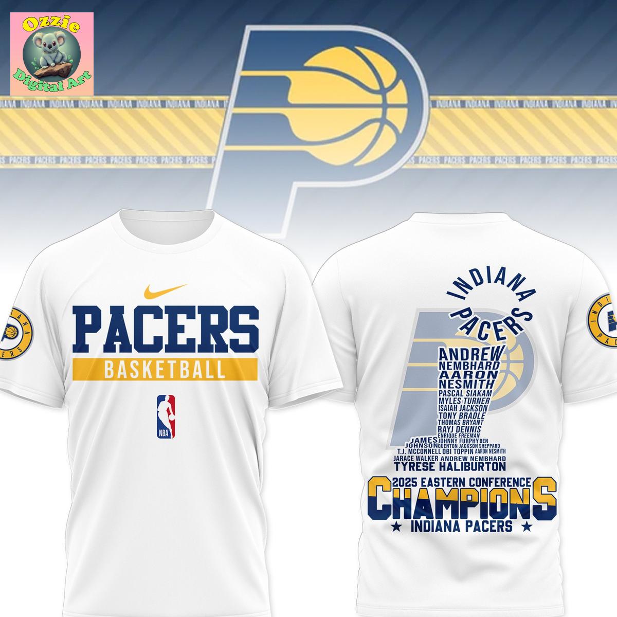 Indiana Pacers NBA 2025 Eastern Conference Champions White Hoodie T Shirt Indiana Pacers NBA 2025 Eastern Conference Champions White Hoodie T Shirt